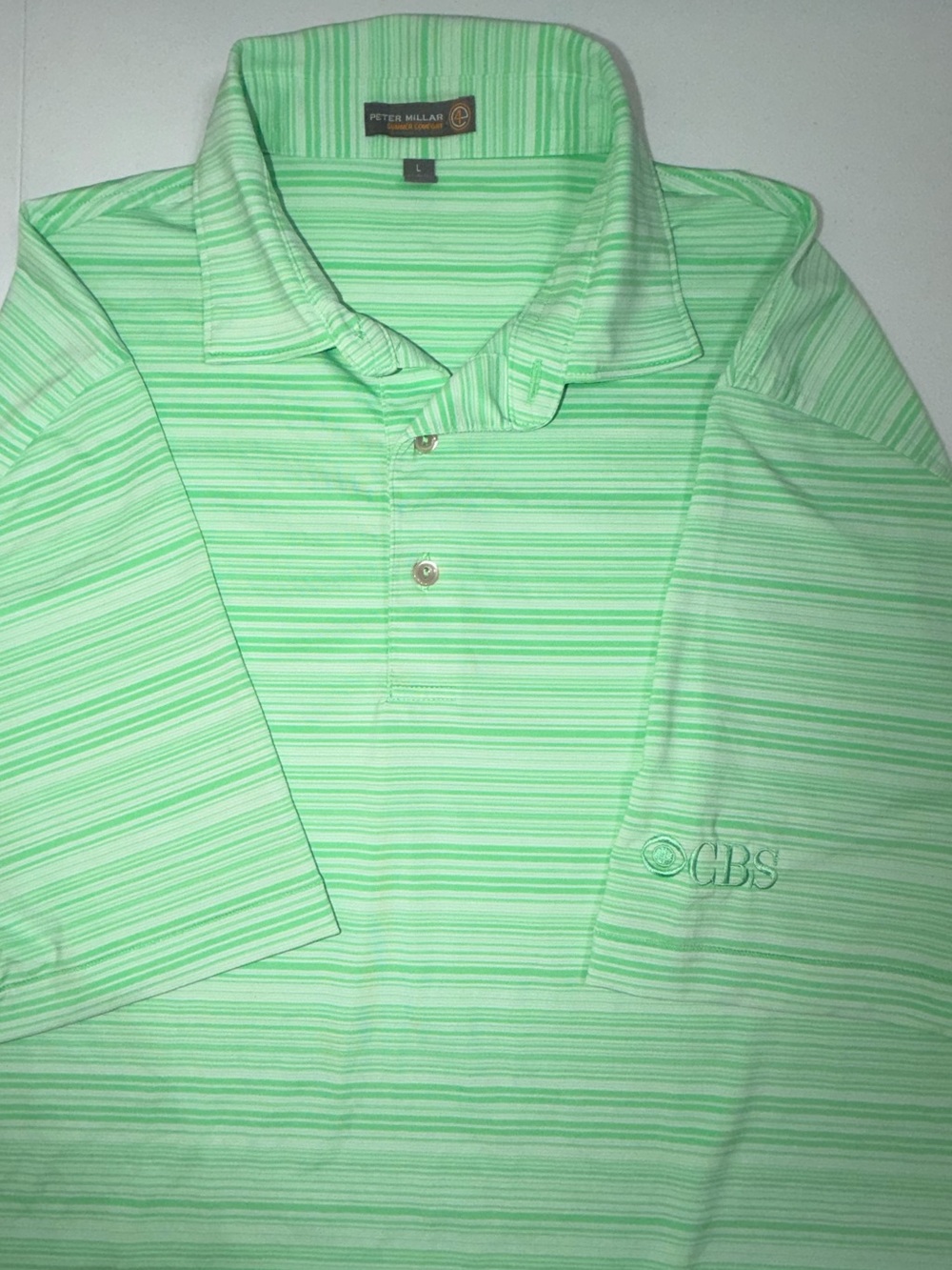 Peter Millar Summer Comfort Golf Polo Mens Large Green Stripe CBS Logo Stretch